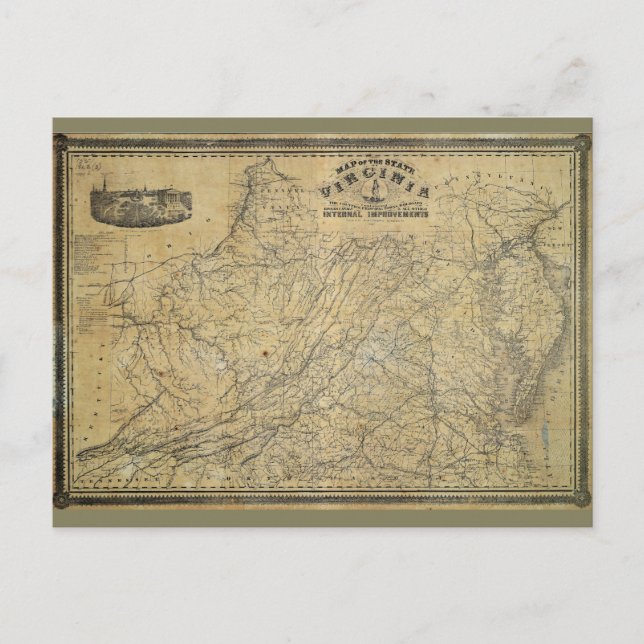Cartão Postal Antigo mapa do Estado da Virgínia (1864) (Frente)