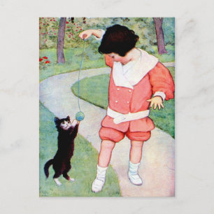 CARTÃO POSTAL ANTIGO "MELHORES AMIGOS" MENINA BRINCA COM GATINHO
