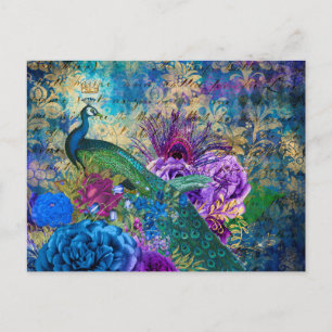 Cartão Postal Antigo Pavão Ilustrado e Flores Grunge