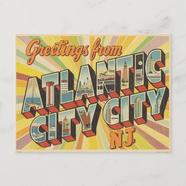 Cartão Postal Antigo "Saudações de Atlantic City, NJ" (Frente)