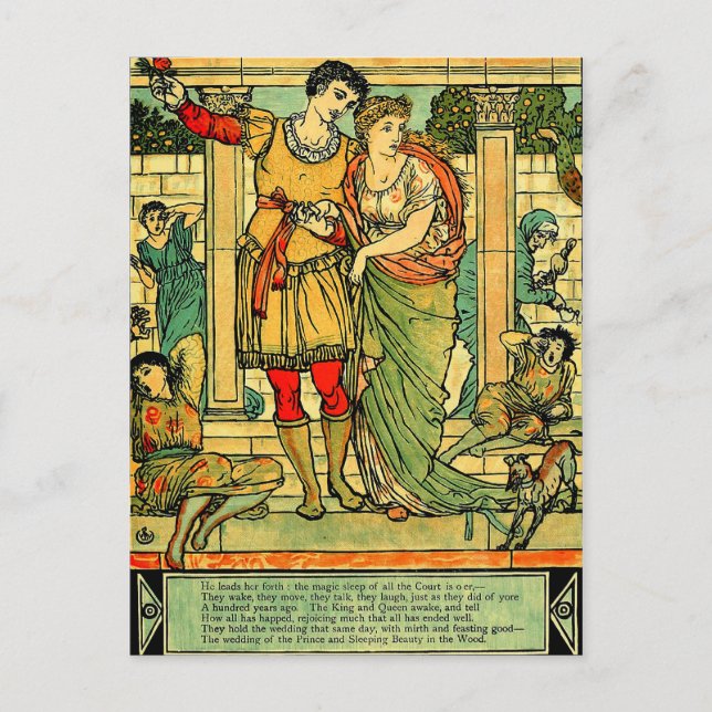 Cartão Postal Antiguamente Romântico Walter Crane, Bela Adormeci (Frente)