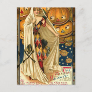 Cartão Postal Antiguidade Halloween Jack O Lanterna Mulher do Co