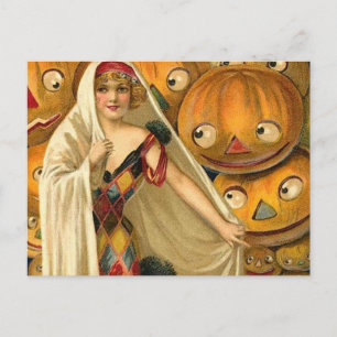 Cartão Postal Antiguidade Halloween Jack O Lanterna Mulher do Co