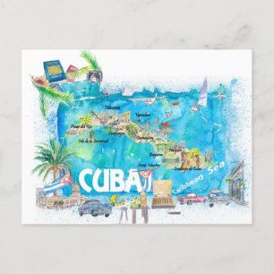 Cartão Postal Antilhas cubanas Ilustram Mapa de Viagem com Estra