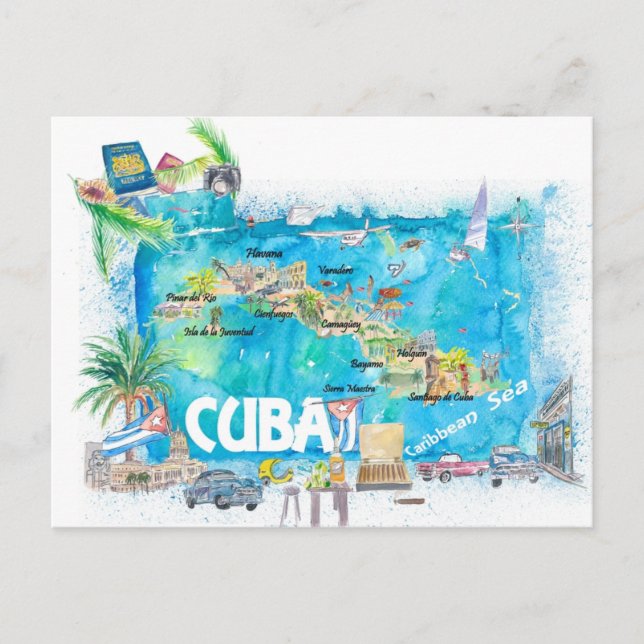 Cartão Postal Antilhas cubanas Ilustram Mapa de Viagem com Estra (Frente)