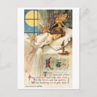 Cartão Postal Antiquado Halloween, Garota com Fadas