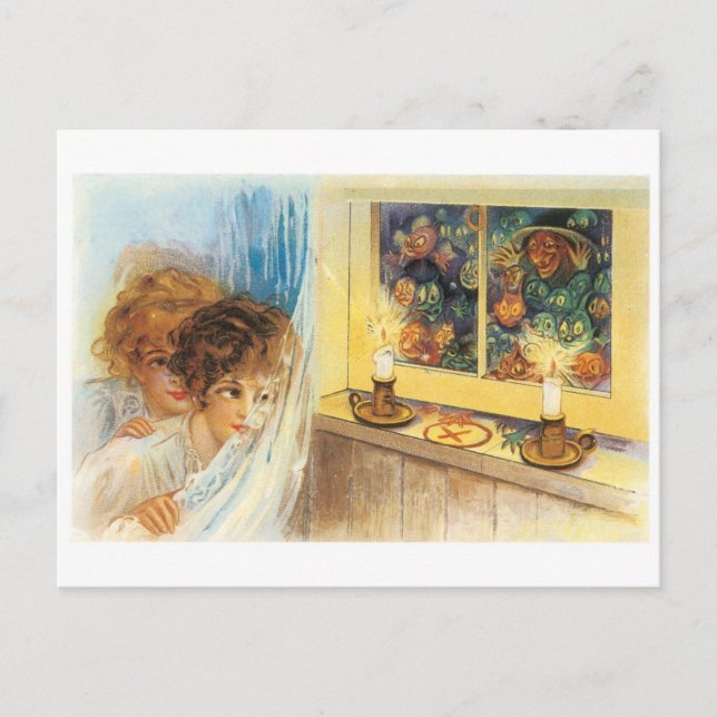 Cartão Postal Antiquado Halloween, Meninas conhecem Bruxa (Frente)