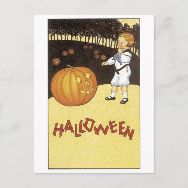 Cartão Postal Antiquado Halloween, Menino encontra Jack-o-lanter (Frente)