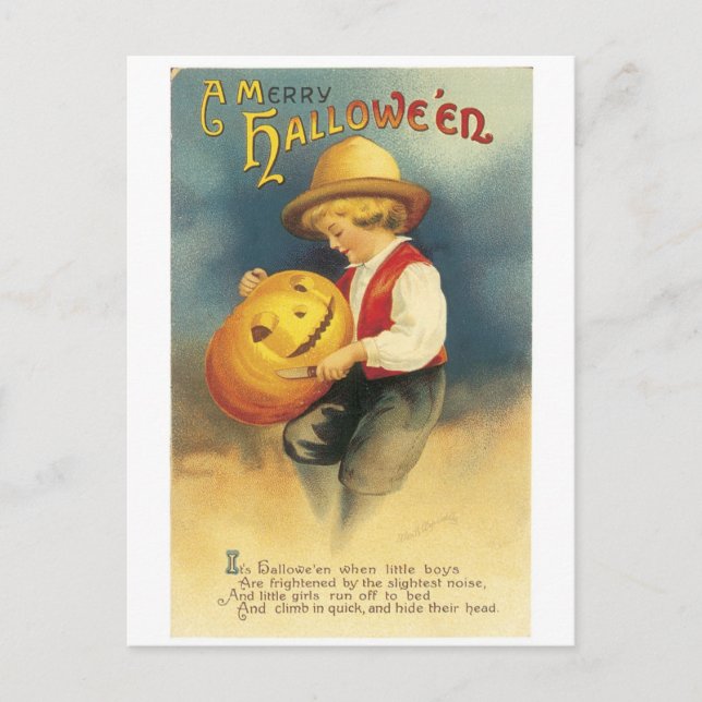 Cartão Postal Antiquado Halloween, Menino faz Jack-o-lanterno (Frente)