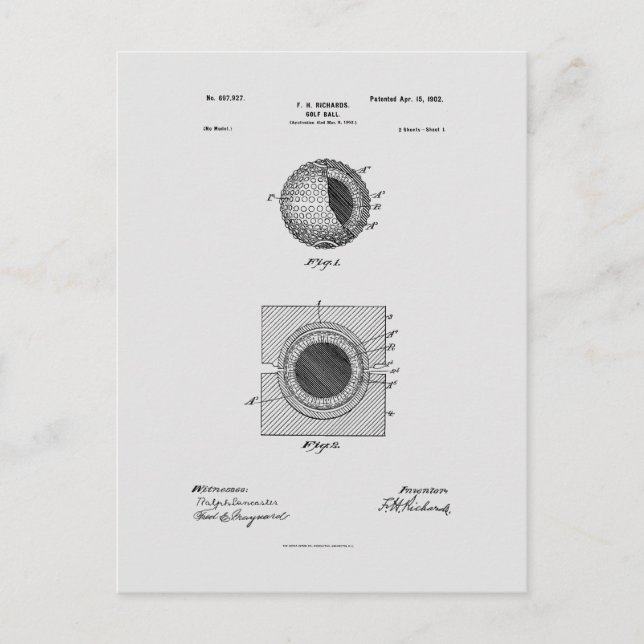 Cartão Postal Antique Golf Ball 1902, Desenho de Patentes (Frente)