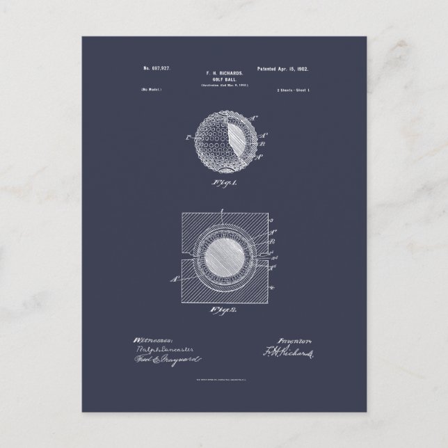 Cartão Postal Antique Golf Ball 1902, Desenho de Patentes (Frente)