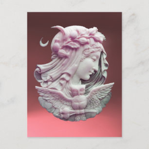 CARTÃO POSTAL ANTIQUE PINK CAMEO, LUA DA NOITE COM OWL