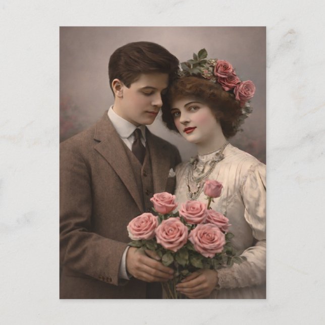 Cartão Postal Antique Romantic Couple Postcard with Roses  (Frente)