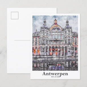 Cartão Postal Antuérpia Bélgica Viagem Watercolor Drawn