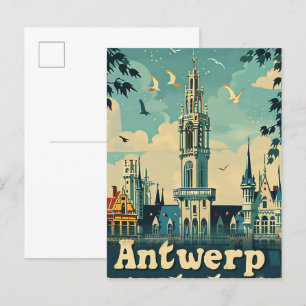 Cartão Postal Antuérpia Bélgica Vintage Retro Viagem Illustração