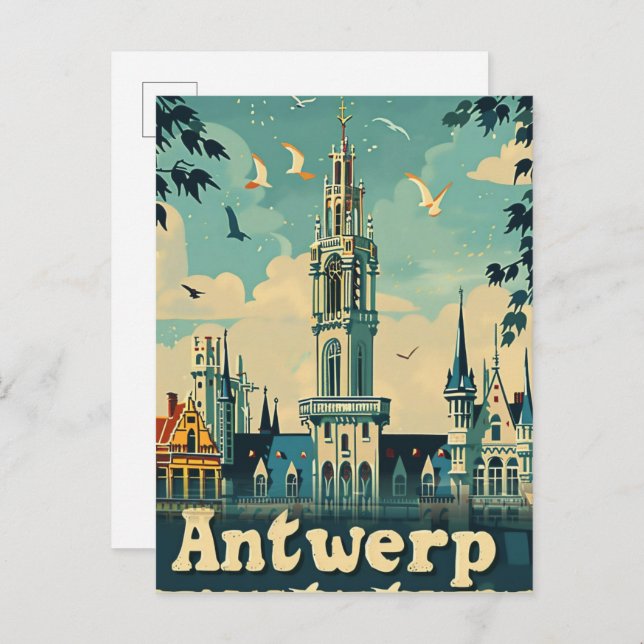 Cartão Postal Antuérpia Bélgica Vintage Retro Viagem Illustração (Frente/Verso)