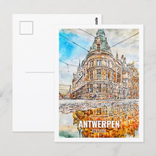 Cartão Postal Antwerpen Belgium Viagem Place Watercolor