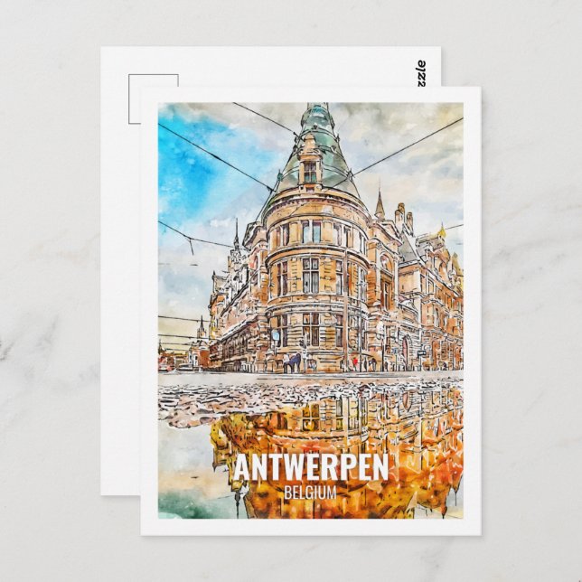 Cartão Postal Antwerpen Belgium Viagem Place Watercolor (Frente/Verso)