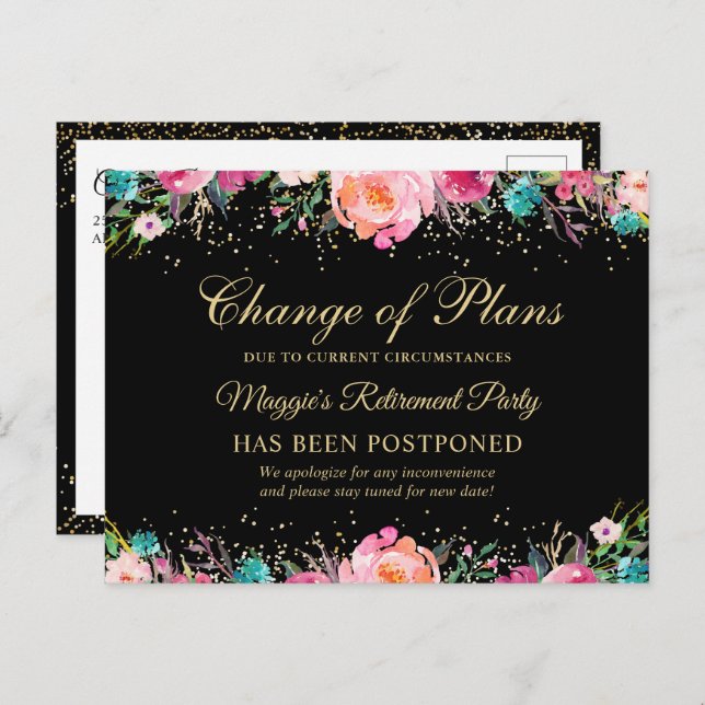 Cartão Postal Anúncio Adiado Festa de Aposentadoria Floral (Frente/Verso)