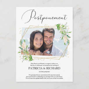 Cartão Postal Anúncio de adiamento de casamento com foto de verd