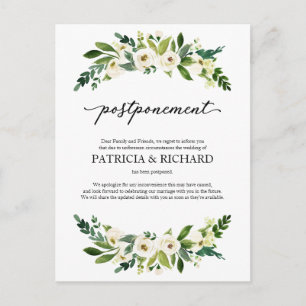 Cartão Postal Anúncio de Adiamento de Casamento Floral Verde