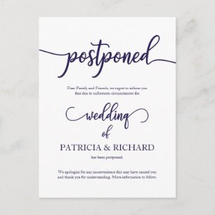 Cartão Postal Anúncio de Casamento Adiado Navy Blue Script