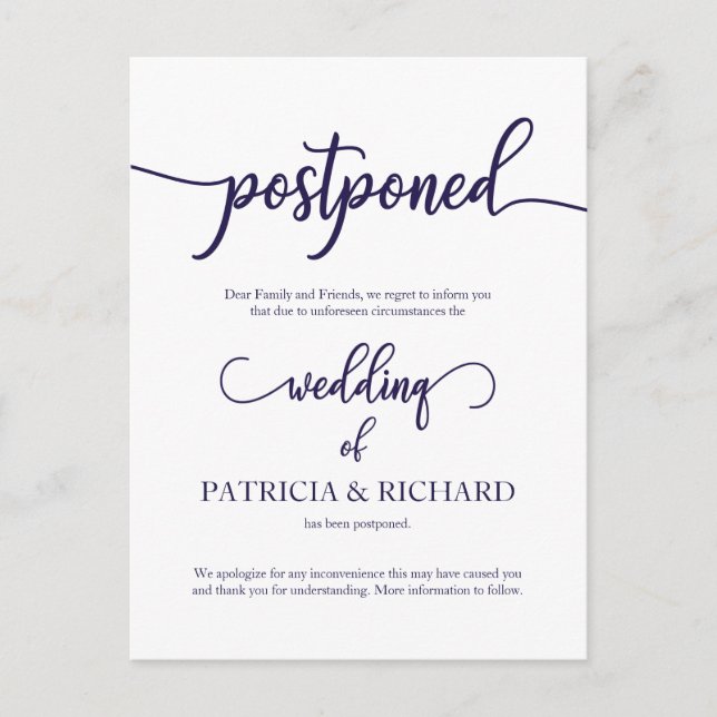 Cartão Postal Anúncio de Casamento Adiado Navy Blue Script (Frente)
