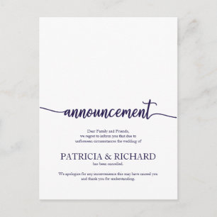 Cartão Postal Anúncio de Casamento Cancelado Navy Blue Script