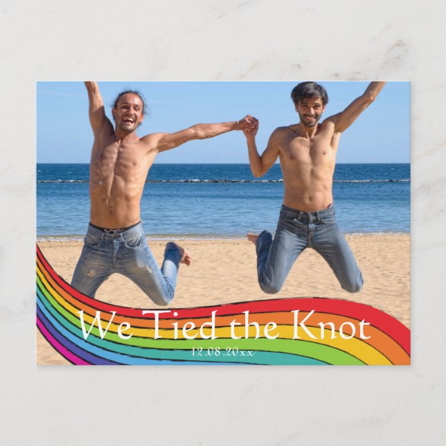 Cartão Postal Anúncio de Casamento de Foto do Mesmo Gênero no Ar (Frente)