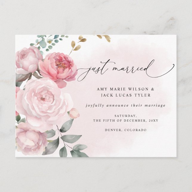 Cartão Postal Anúncio de Casamento Floral de Blush Botânico Rust (Frente)