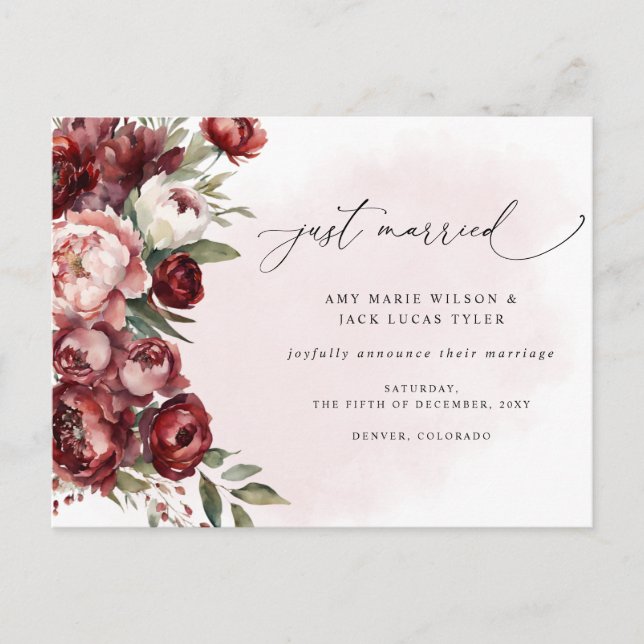 Cartão Postal Anúncio de Casamento Floral Rustic Burgundy Blush (Frente)