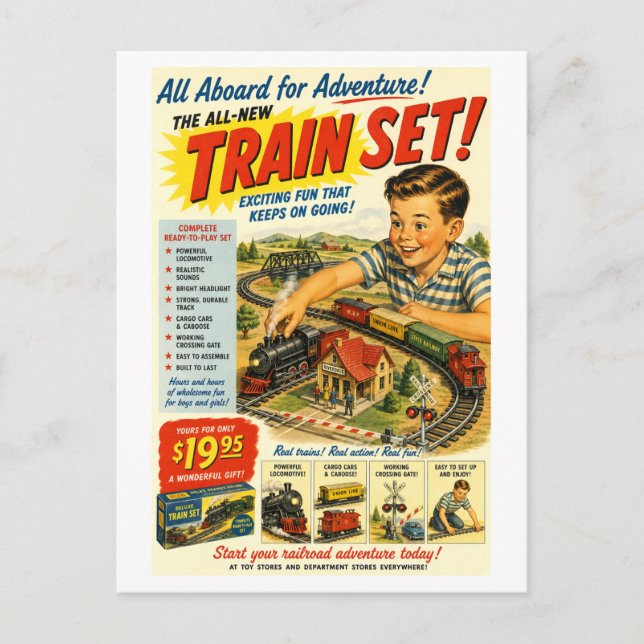 Cartão Postal Anúncio de Conjunto de Trem Estilo Vintage (Frente)