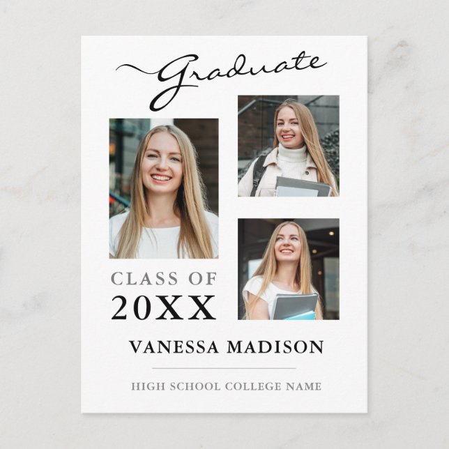 Cartão Postal Anúncio de Formando Branco de Script Moderno (Frente)