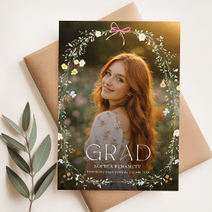 Cartão Postal Anúncio de Formatura com Laço Floral de Foto Elega