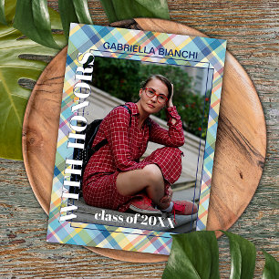 Cartão Postal Anúncio de Formatura em Xadrez Azul Rosa Tartan
