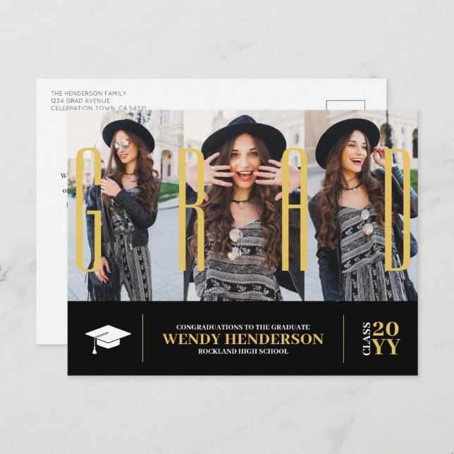 Cartão Postal Anúncio de Foto Preto 3 do Formando Moderno Simple (Frente/Verso)