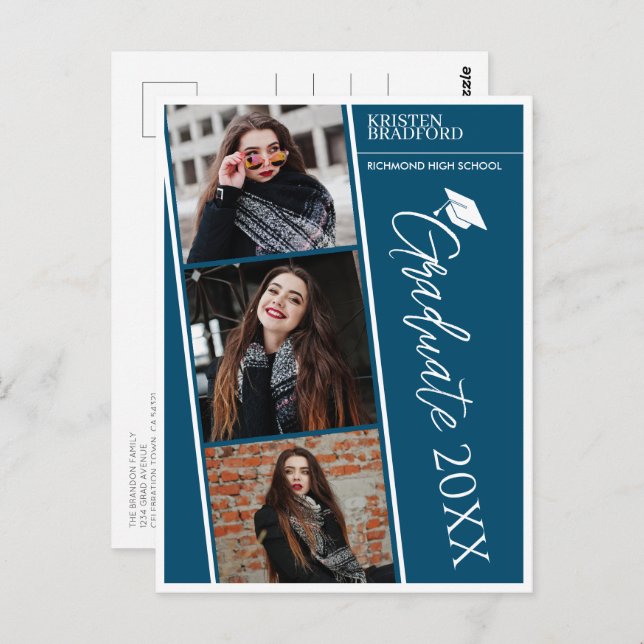 Cartão Postal Anúncio de Graduação Azul com Fita Moderna (Frente/Verso)