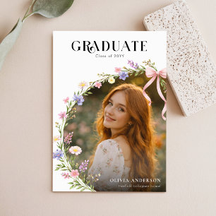 Cartão Postal Anúncio de Graduação com Foto Floral e Laço Rosa