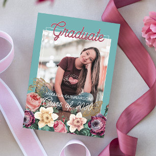 Cartão Postal Anúncio de Graduação de Boho Floral Cor-de-Rosa Es