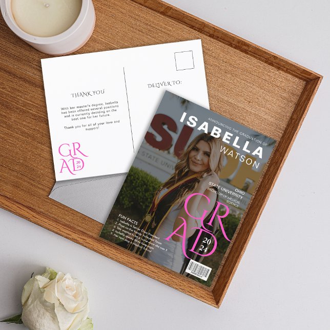Cartão Postal Anúncio de Graduação de Fotos do Cobrir da Revista (Magazine Cover Photo Graduation Announcement Postcard)
