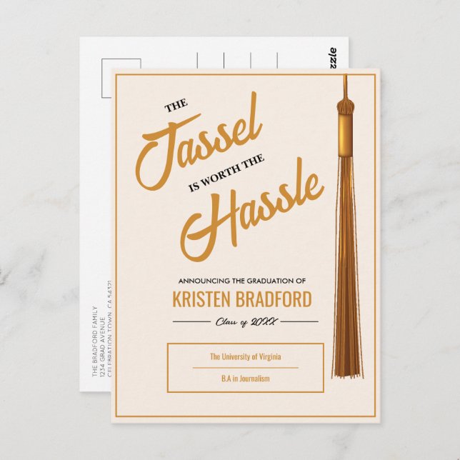 Cartão Postal Anúncio de Graduação de Tassel Beige Dourado Elega (Frente/Verso)