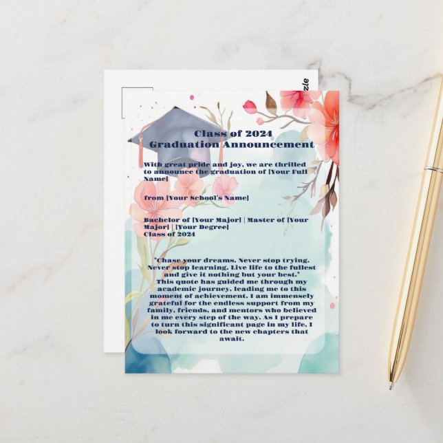 Cartão Postal Anúncio de Graduação em Cores Aquáticas (Frente/Verso In Situ)