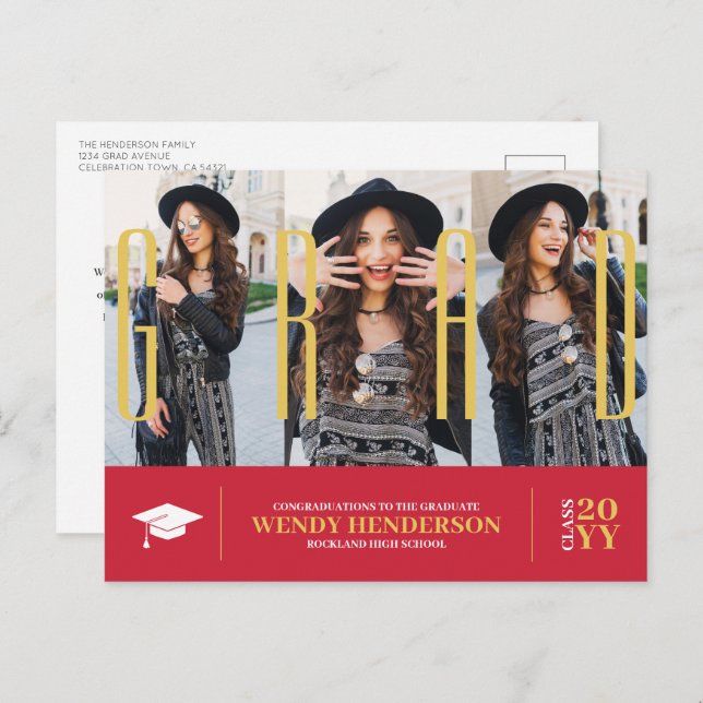 Cartão Postal Anúncio de Graduação Vermelha Simples Moderno 3 Fo (Frente/Verso)