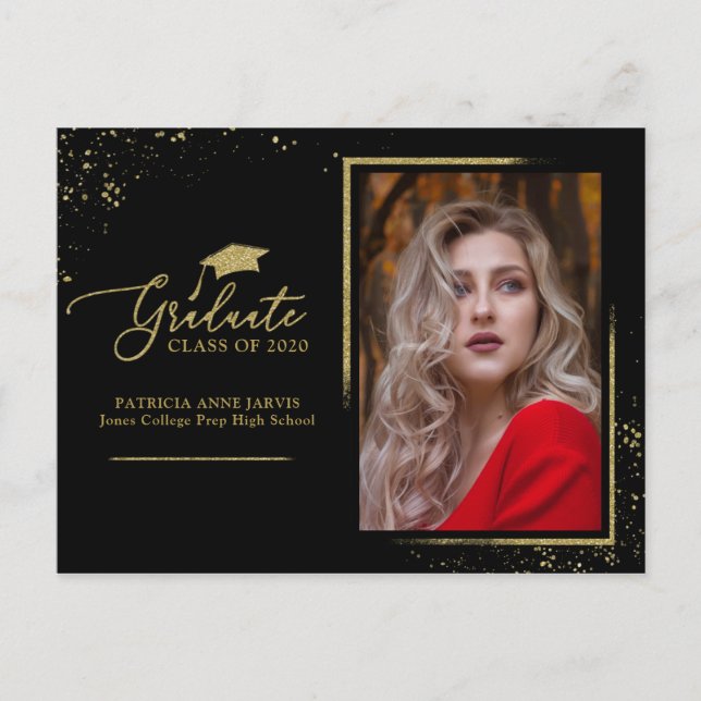Cartão Postal Anúncio de Graduada Chic Brilho Dourado (Frente)