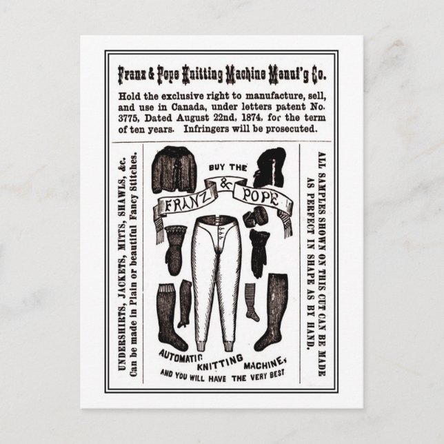 Cartão Postal anúncio de máquina de tricô antiga vitoriana (Frente)