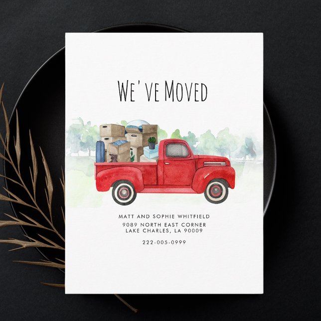 Cartão Postal Anúncio de Mudança Caminhão Vermelho Antigo (Custom Watercolor Red Truck Moving Announcement )