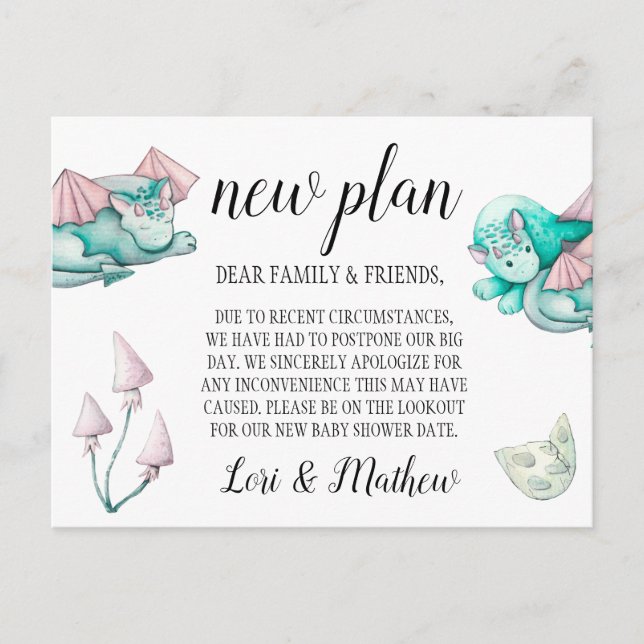 Cartão Postal Anúncio de mudança de evento do Chá de fraldas Dra (Frente)