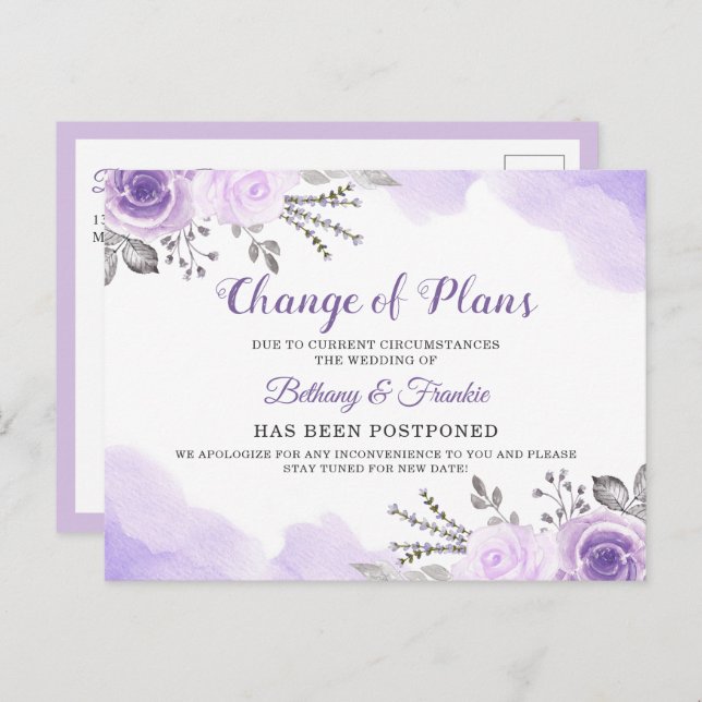 Cartão Postal Anúncio de Mudança de Planos Chic Floral Roxo (Frente/Verso)
