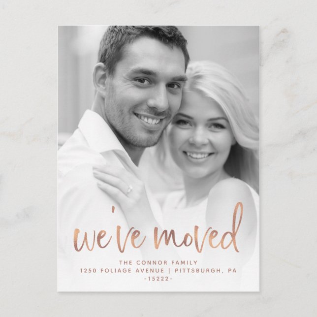 Cartão Postal Anúncio de mudança em script casual em rosa dourad (Frente)