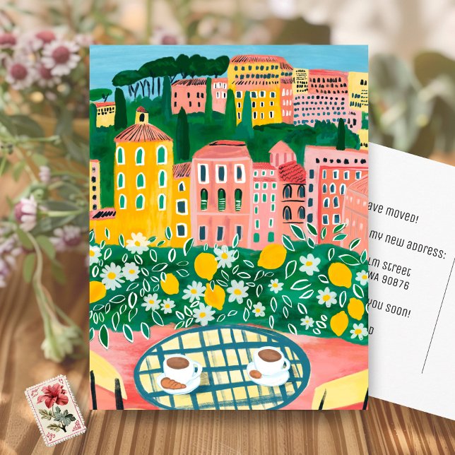 Cartão Postal ANÚNCIO DE MUDANÇA Novo Endereço do Apartamento Va (MOVING ANNOUNCEMENT New Apartment Address Balcony Art Painting Cityscape Flowers Postcard
)